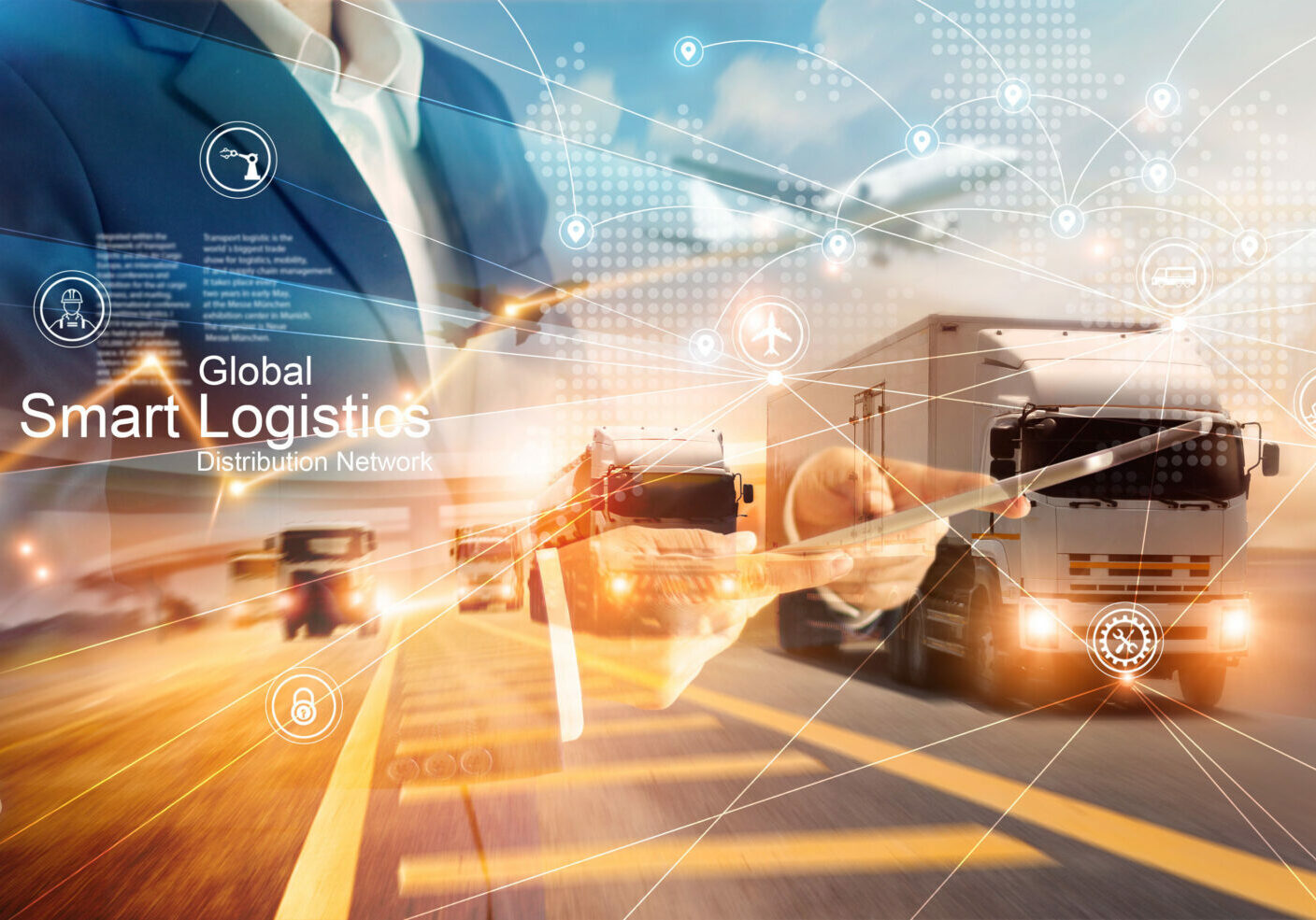 Smart logistics and transportation. Businessman use tablet and analyzing on logistic global network distribution on world map background. Technology. Business of transport and industrial.